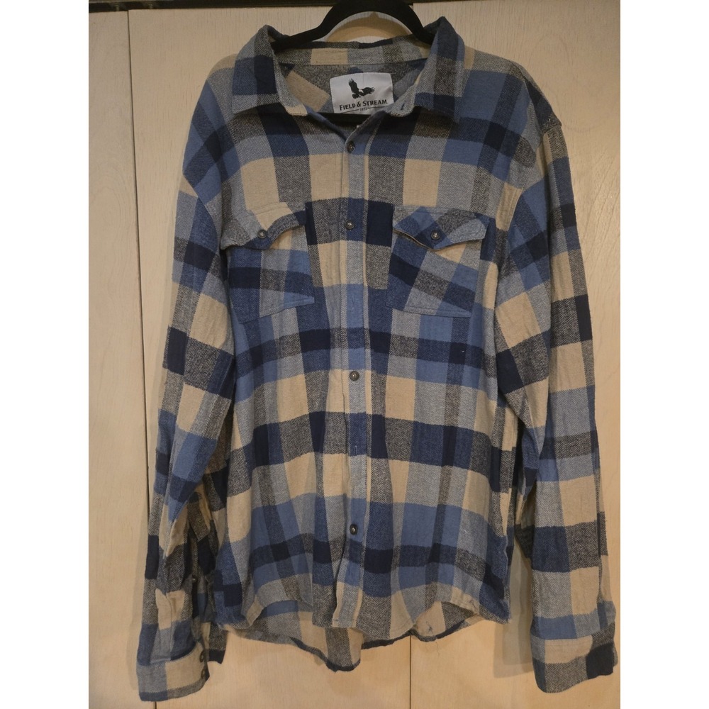 Field & Stream 1871 Flannel Shirt Mens XL Blue Plaid 100% Cotton Heavyweight